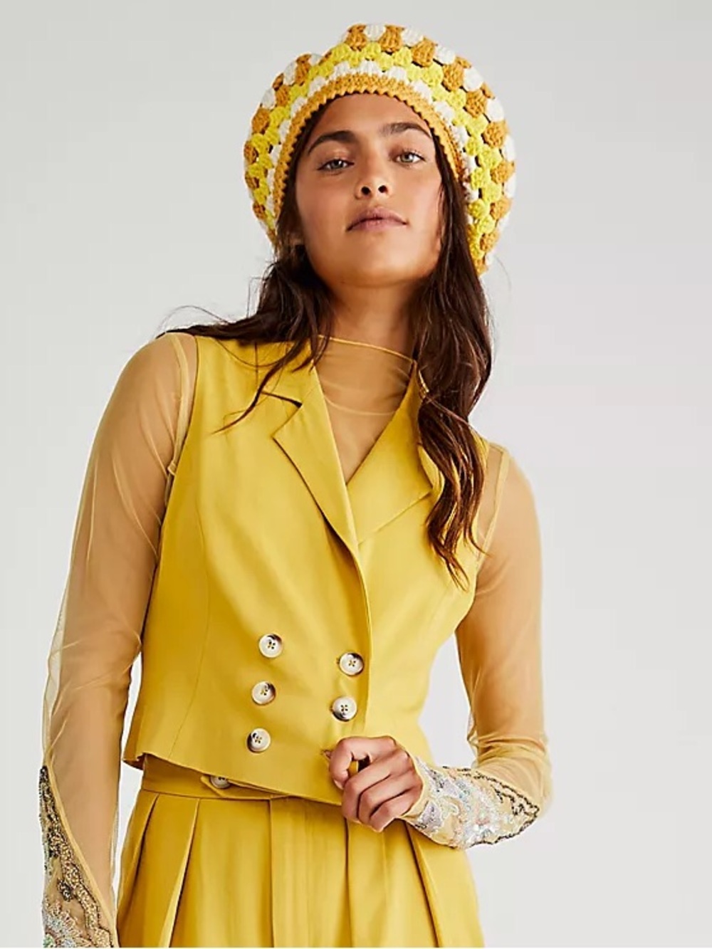 Free People Gabbie Sleeveless Double-Breasted Vest in Mustard Yellow Size Small